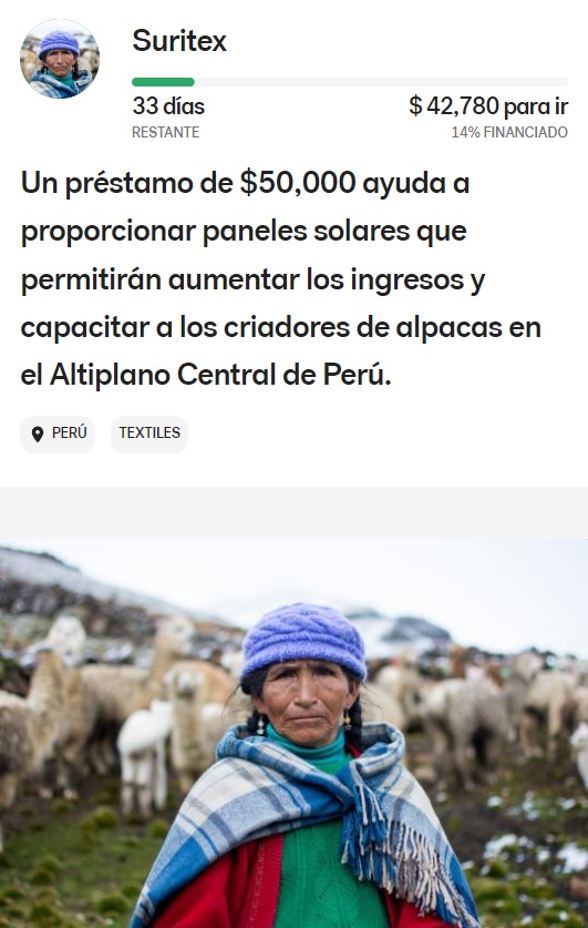 A loan of $50,000 helps provide solar panels that will enable increased incomes and training to alpaca breeders in Peru’s Central Highlands.